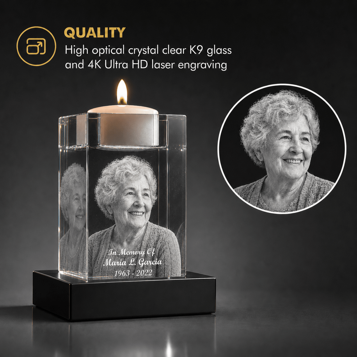 3D Crystal Candle Holder | Custom Engraved Memorial Keepsake - Laverina