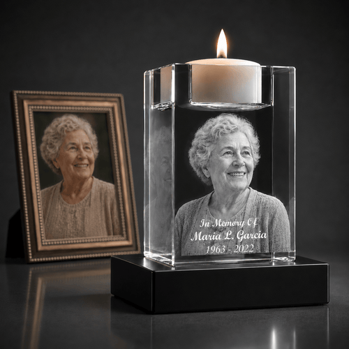 3D Crystal Candle Holder | Custom Engraved Memorial Keepsake - Laverina