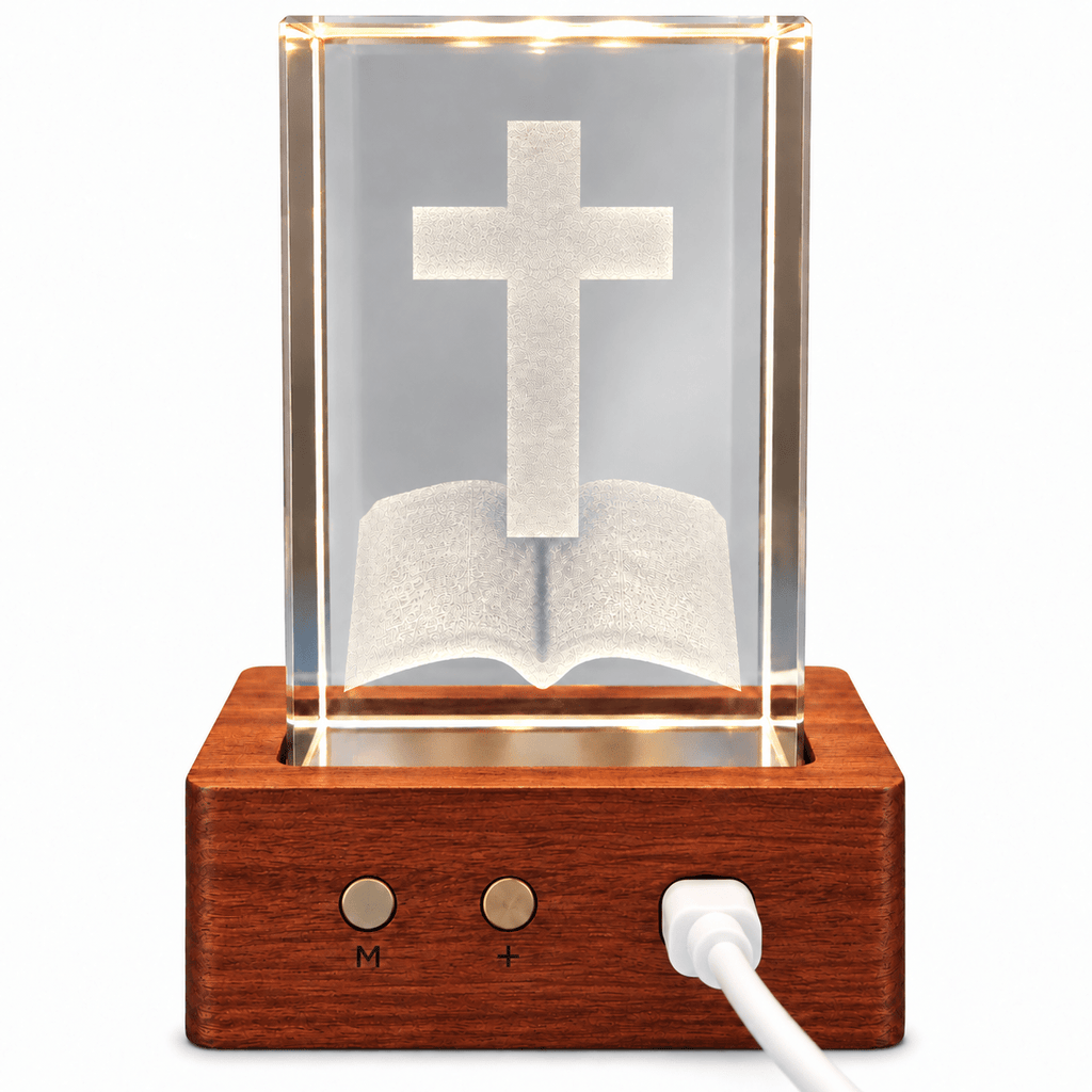 Illuminated Cross & Bible Crystal Keepsake Clock - Laverina