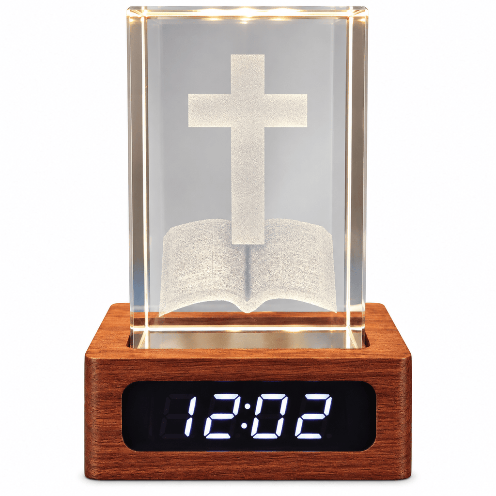 Illuminated Cross & Bible Crystal Keepsake Clock - Laverina
