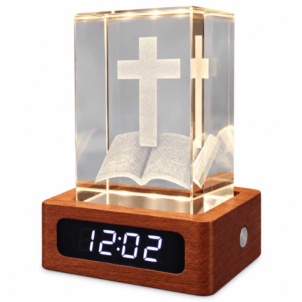 Illuminated Cross & Bible Crystal Keepsake Clock - Laverina