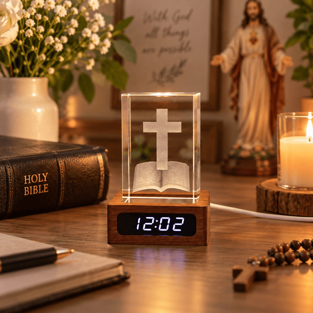 Illuminated Cross & Bible Crystal Keepsake Clock - Laverina