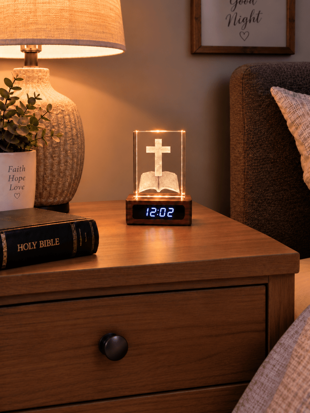 Illuminated Cross & Bible Crystal Keepsake Clock - Laverina