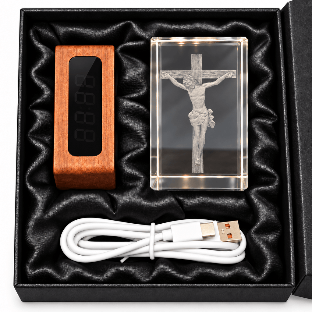 Illuminated Crucifix Crystal Keepsake Clock - Laverina