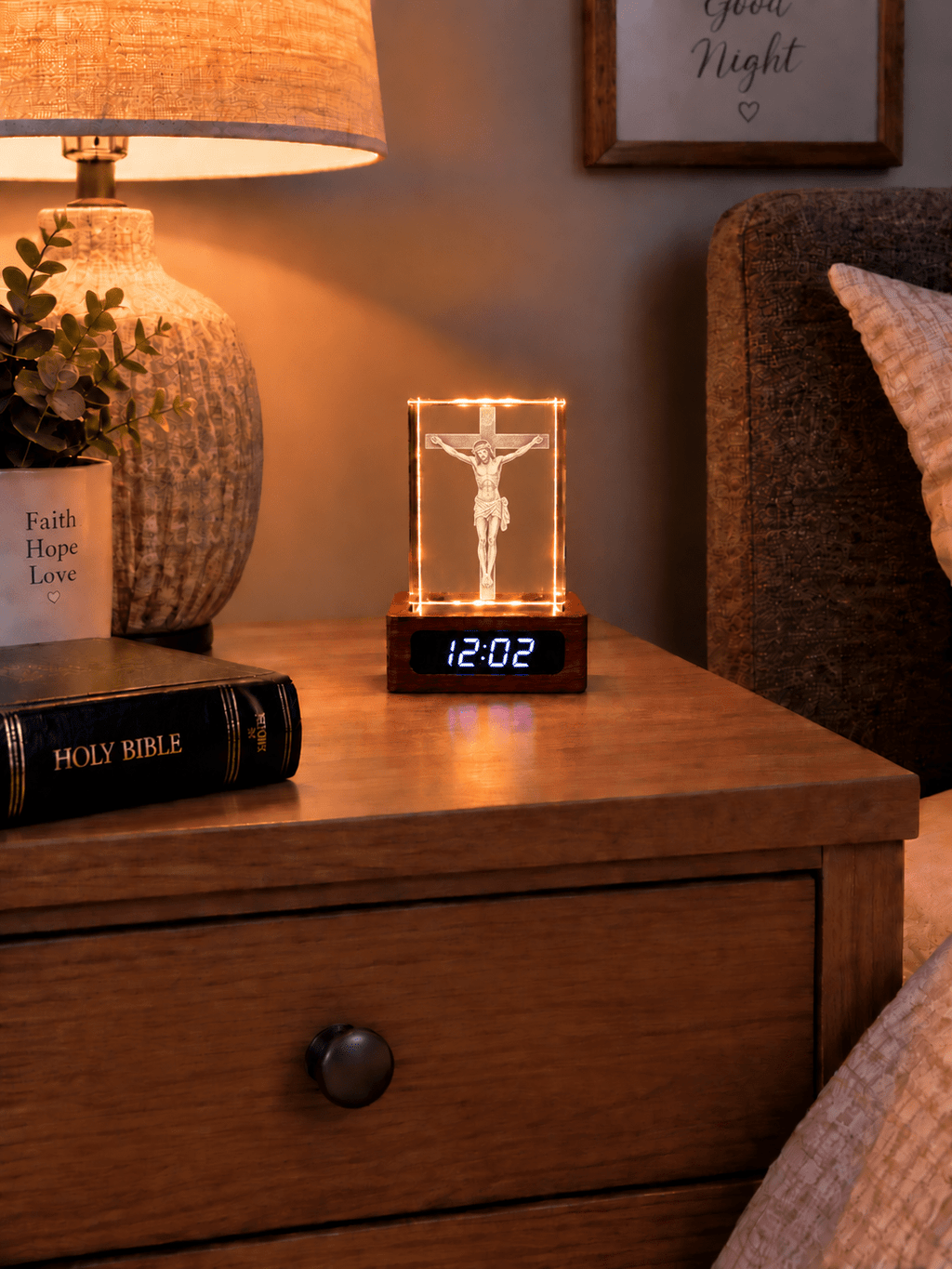 Illuminated Crucifix Crystal Keepsake Clock - Laverina