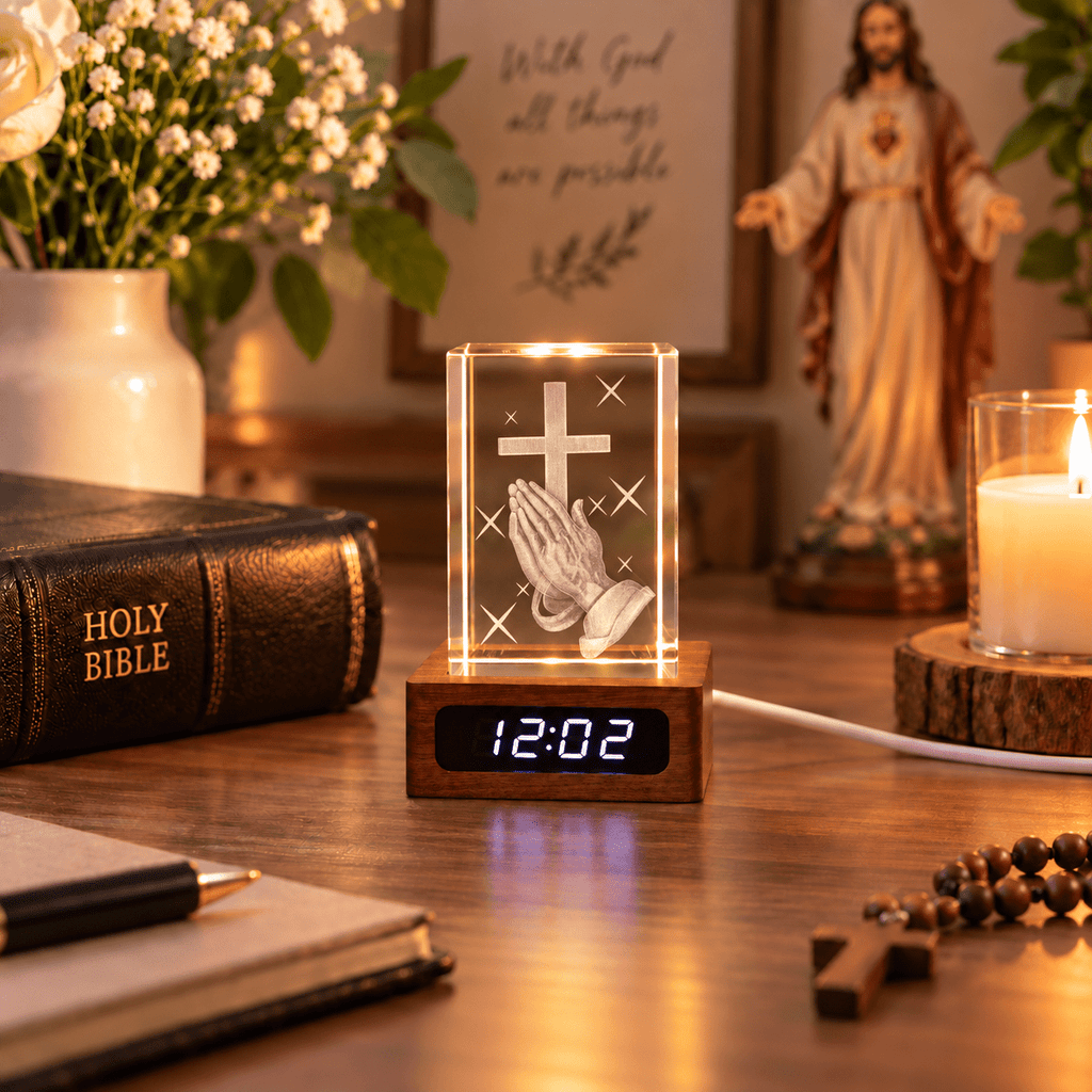 Praying Hands & Cross Crystal Keepsake Clock - Laverina