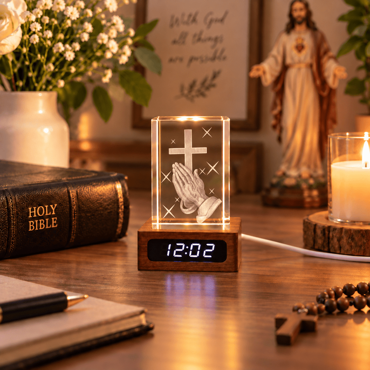 Praying Hands & Cross Crystal Keepsake Clock - Laverina